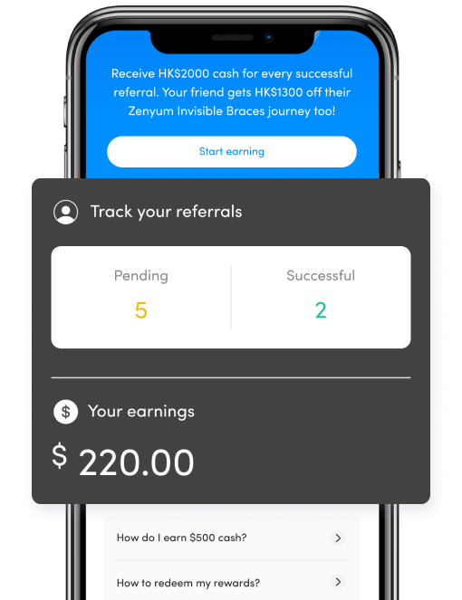 Interface of the Zenyum app for tracking Pending and Successful referrals along with Total Earnings.