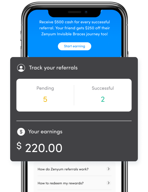 Interface of the Zenyum app for tracking Pending and Successful referrals along with Total Earnings.